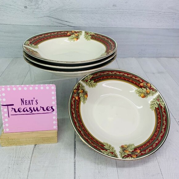 Gibson MAPLE HOLIDAYS Leave Nut Red Panel Gold Trim Stoneware Soup Bowls Set 4 - Picture 1 of 11